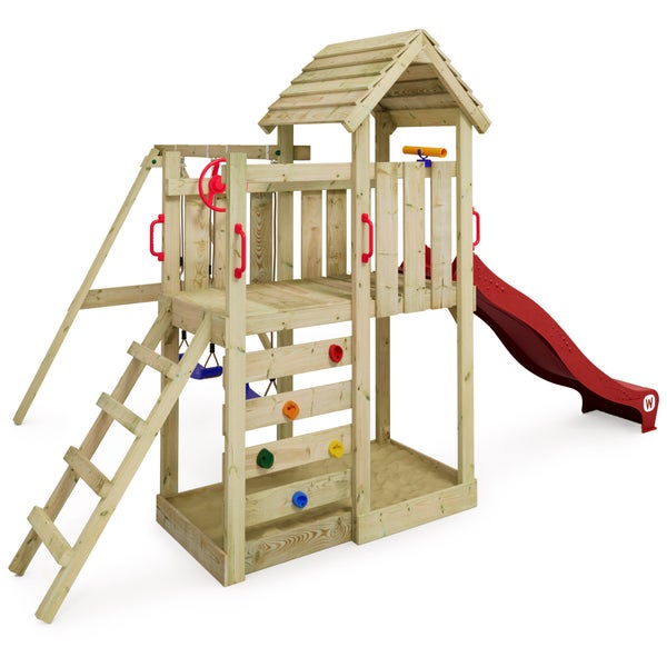 WICKEY Spielturm Klettergerüst MultiFlyer Holzdach mit Schaukel und Rutsche, Kletterturm mit Holzdach, Sandkasten, Leiter und Spiel-Zubehör - rot
