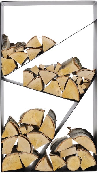 Brennholzregal aus Metall mit Holzscheiten