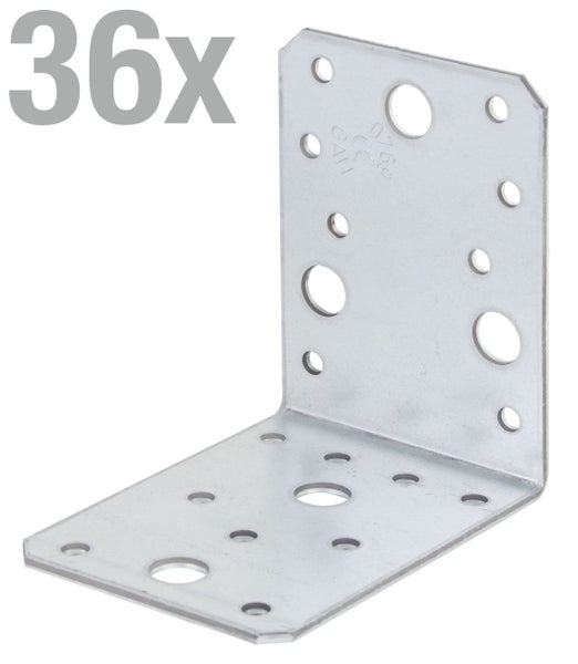 Set aus 36 Balkenwinkeln aus Stahl mit Lochungen zur Holzverbindung im Konstruktionsbau.