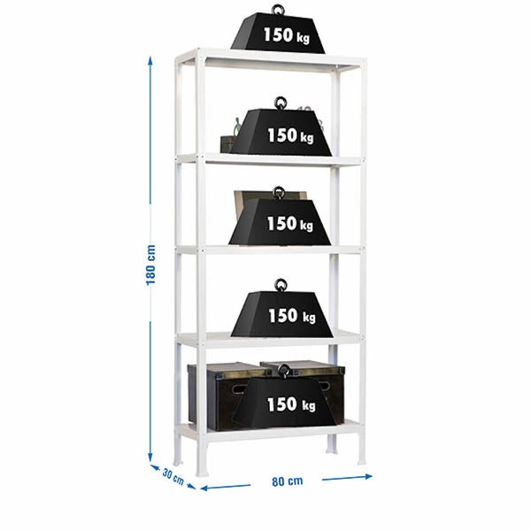 Schwerlastregal mit 5 Böden, Höhe 180 Zentimeter, Breite 80 Zentimeter, Tiefe 30 Zentimeter. Traglast 150 Kilogramm pro Boden.