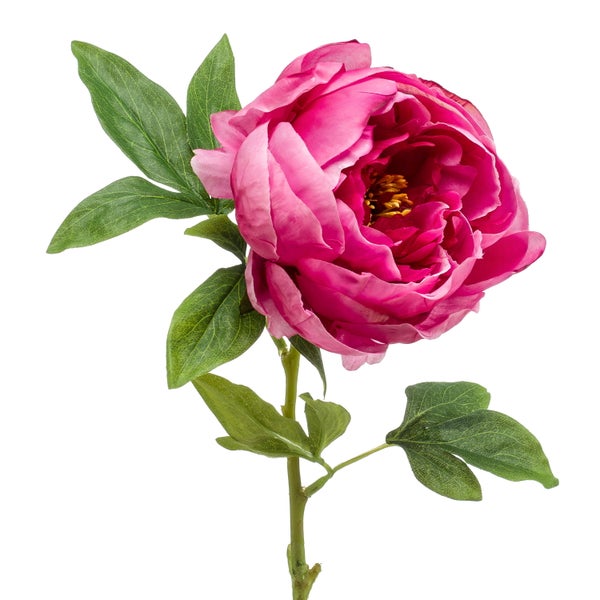 Künstliche Pfingstrose Pink mit grünem Stiel und Blättern.