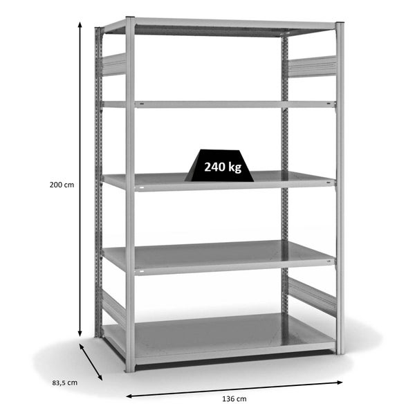 PROREGAL Fachbodenregal Stecksystem T-Profil Medium-Duty Grundregal HxBxT 200 x 130 x 80 cm 5 Ebenen Fachlast 240 kg Beidseitig Nutzbar Verzinkt