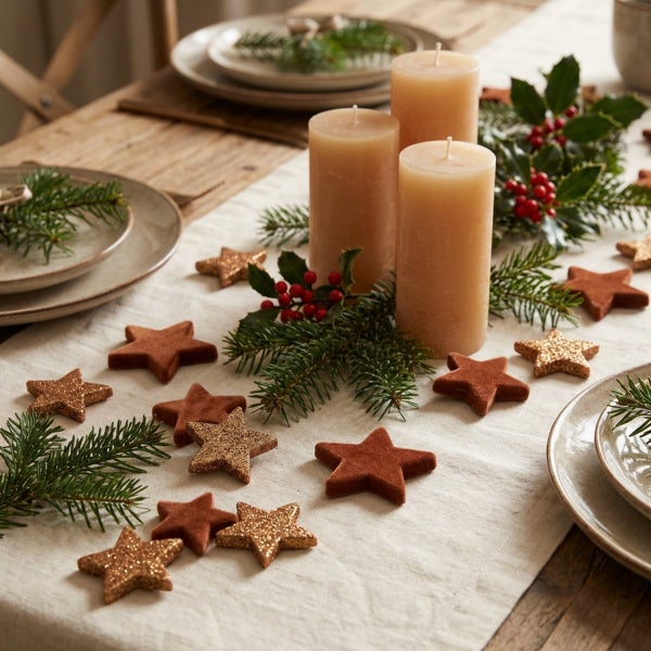 Festlich gedeckter Tisch mit Stumpenkerzen, Tannenreisig, Beeren und glitzernden Sternen zur Weihnachtsdekoration.