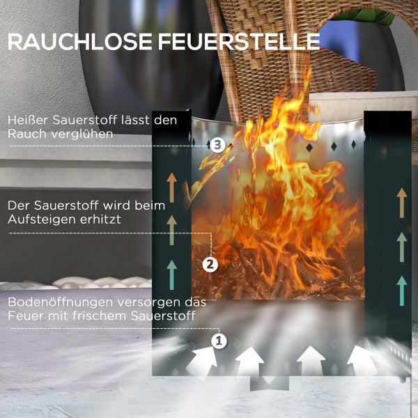 Outsunny Feuerschale, mit Schürhaken, für Garten, Camping, Terrasse, 45L x 38,8B x 46,5H cm, Metall, Schwarz