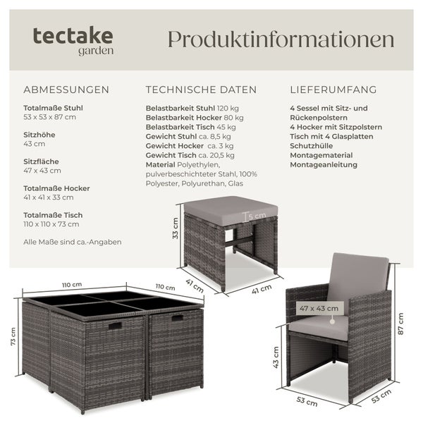 Tectake Garden Logo. Infografik mit Abmessungen und technischen Daten zu einer Polyrattan Garten-Sitzgruppe, bestehend aus Tisch, Hocker und Sessel.