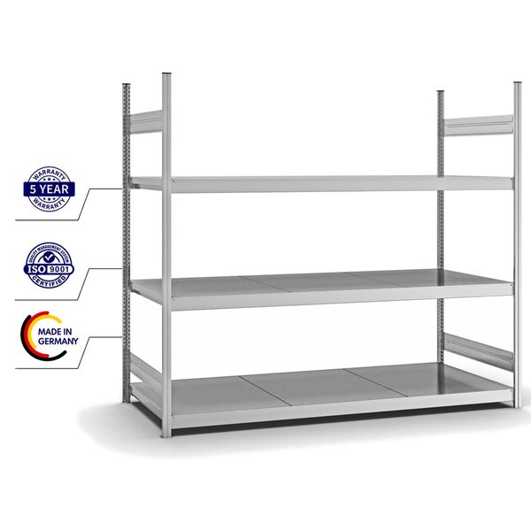 PROREGAL Weitspannregal Stecksystem T-Profil Grundregal HxBxT 200x225x80 cm 3 Ebenen Stahlplatten Fachboden Fachlast 350 kg Verzinkt