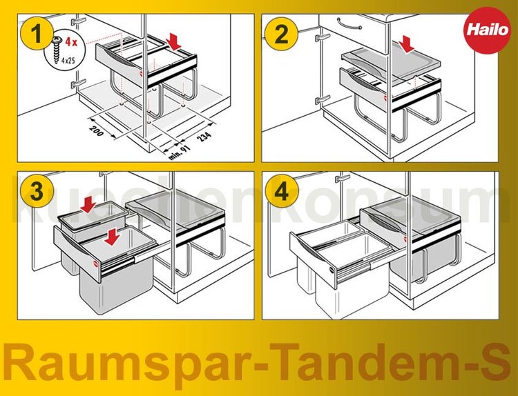 Vierstufige Montageanleitung für das ausziehbare Hailo Raumspar-Tandem-S Abfalltrennsystem in einem Küchenunterschrank mit Hailo Logo.