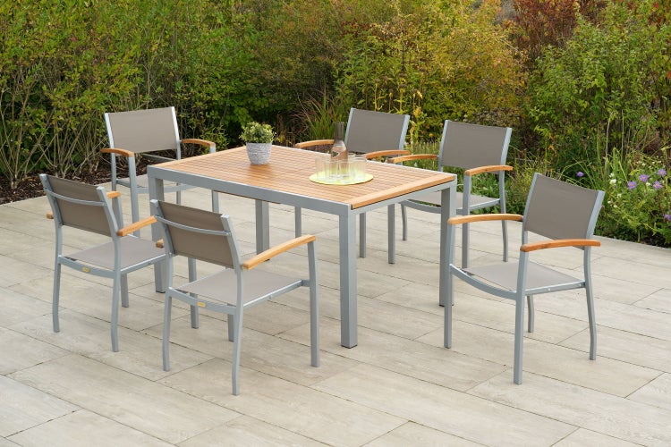 Naxos Gartenmöbelset 7tlg., 6 Stapelsessel, Ausziehtisch 150 (200) x 90 cm, taupe