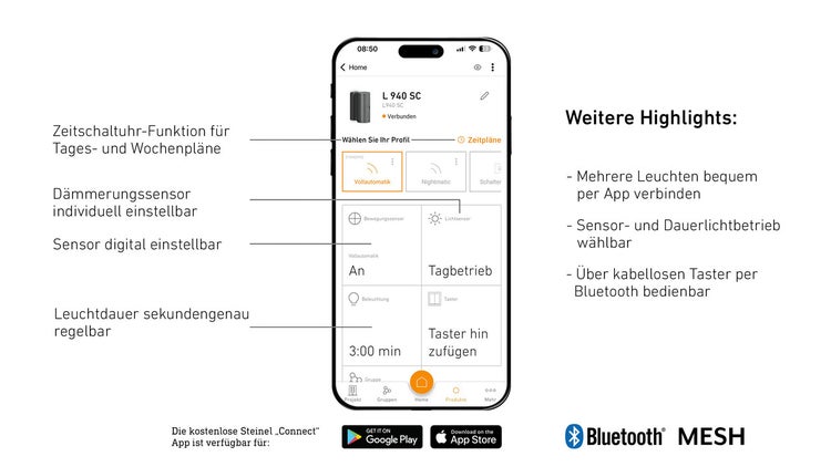 Steinel Connect App-Oberfläche auf einem Smartphone mit Funktionen wie Zeitschaltuhr, Dämmerungssensor und digitaler Sensoreinstellung.