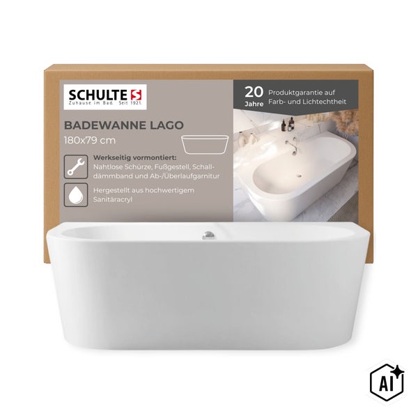 Schulte Badewanne Lago 180 mal 79 Zentimeter aus Sanitäracryl mit vormontierter Schürze, Fußgestell, Schalldämmband und Ab- und Überlaufgarnitur.