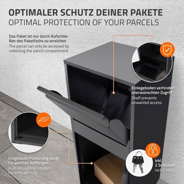 ML-Design Paketbriefkasten aus verzinktem Stahl in Anthrazit, 41x103x38 cm, freistehend, abschließbar, 2 Schlüssel, Standbriefkasten Paketbox Postkasten Paketkasten für Pakete, Warensendungen & Briefe