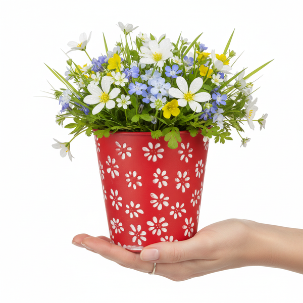 Ein roter Blumentopf mit weißen Blumenmustern, gehalten in einer Hand, gefüllt mit einem bunten Strauß aus Wildblumen und grünem Laub.