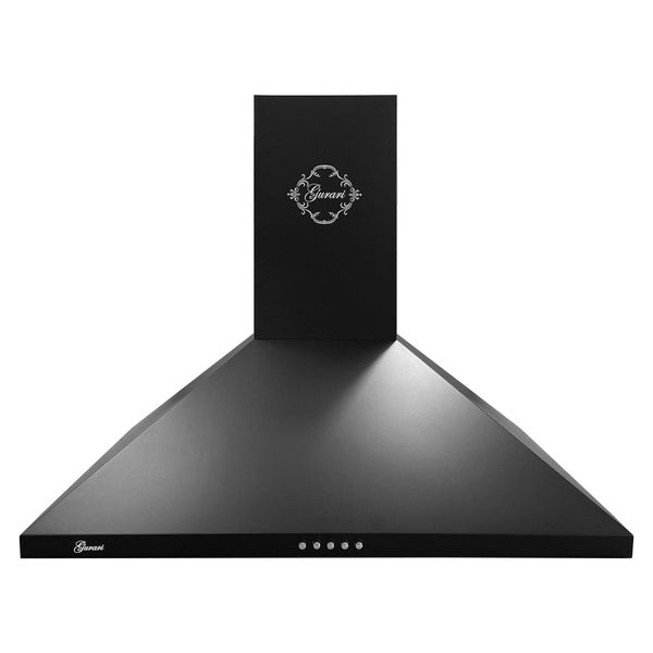 Wand-Dunstabzugshaube in Pyramidenform aus schwarzem Metall mit Gurari Logo und Druckknöpfen.
