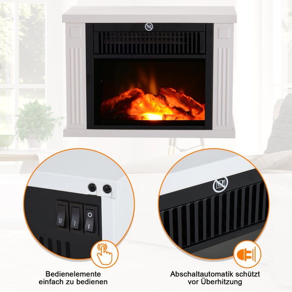 HOMCOM Elektrokamin, 600/1200W, Flammeneffekt, Hartglas, L34 x B17 x H25cm, Kunststoff, Weiß