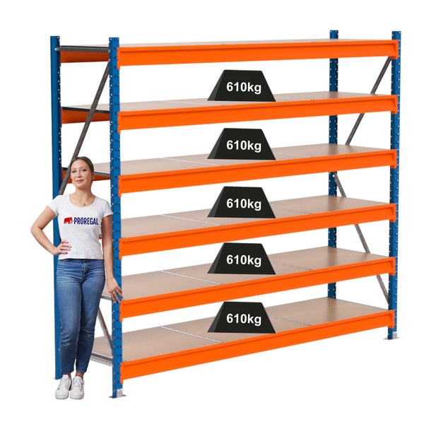 Lagerregal mit fünf Ebenen und einer Traglast von 610 kg pro Ebene