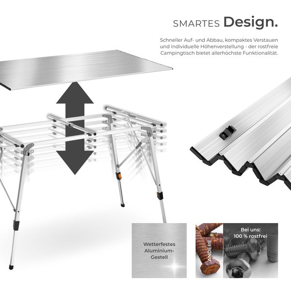 Höhenverstellbarer Campingtisch aus Aluminium mit faltbarer Tischplatte und rostfreien Schrauben.