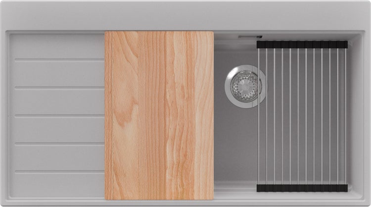 Spülbecken mit Schneidebrett und Abtropfgitter