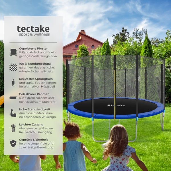 Blaues Tectake Trampolin mit Sicherheitsnetz im Garten