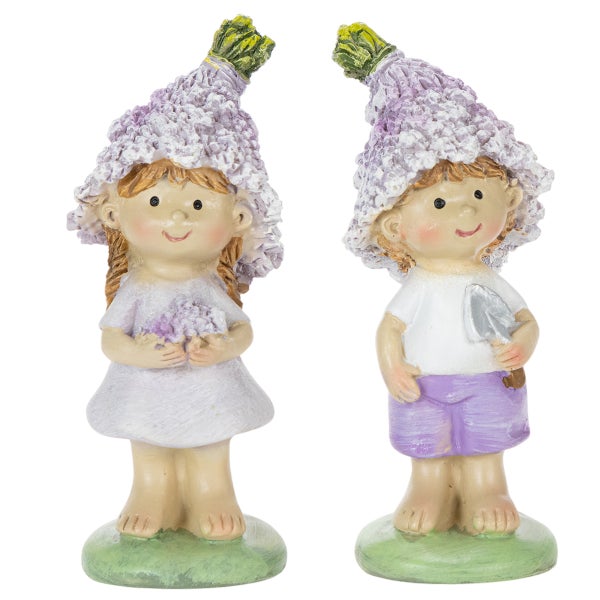 Gartenfiguren Set bestehend aus einem Mädchen und einem Jungen mit Hüten in Lavendeloptik, Mädchen hält Lavendel, Junge eine Gartenkelle.