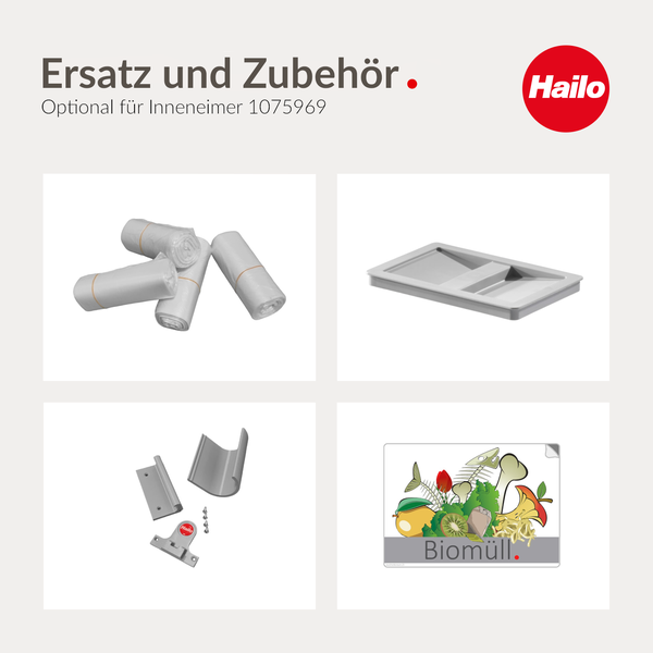 Hailo Ersatzteile und Zubehör für Inneneimer 1075969: Müllbeutel, Deckel, Montageset und Biomüll-Aufkleber.