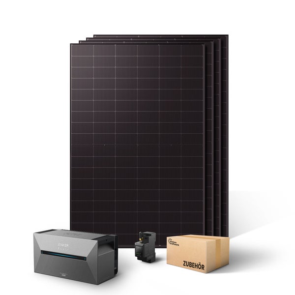 Balkonkraftwerk Set bestehend aus mehreren Solarmodulen, Anker SOLIX Energiespeicher, einem Smart Meter und einer Box mit Zubehör.