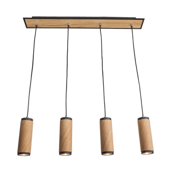 Vierflammige Pendelleuchte mit Holz-Elementen in zylindrischer Form und rechteckiger Deckenbefestigung für eine moderne Wohnraumbeleuchtung.