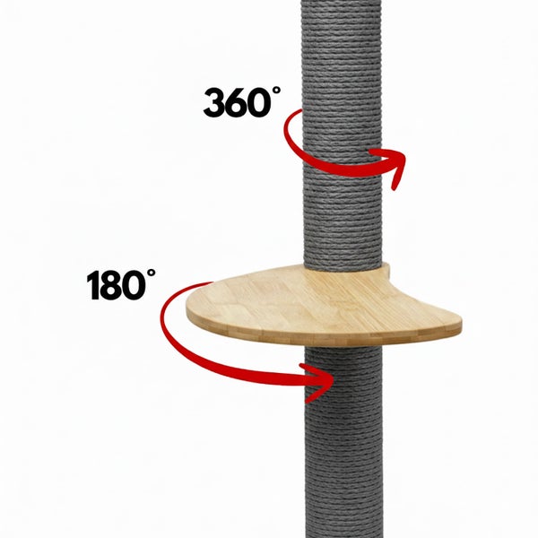 Kratzstamm mit verstellbarer Liegeplattform zur Wandmontage, 360 Grad drehbarer Stamm und 180 Grad drehbares Liegebrett aus Holz.