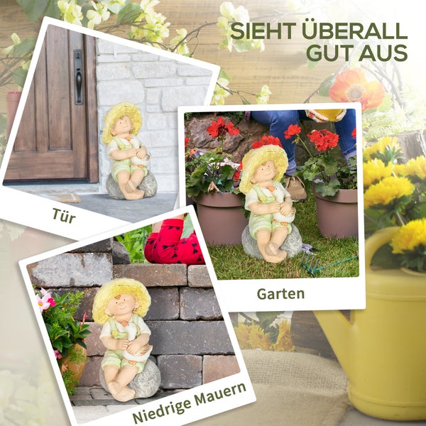Outsunny Gartenstatue Kleiner Junge mit Strohhut, 43 cm Wetterbeständiges Gartenfigur, Outdoor-Ornament, Gartendeko, Skulptur für Heimdekoration, Garten, Hof