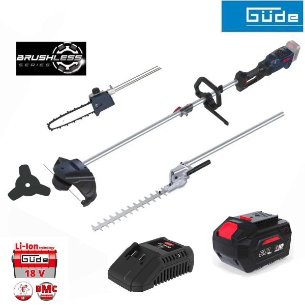 Güde Akku-Multitool-Set 18 Volt mit bürstenlosem Motor, Heckenschere, Hochentaster, Rasentrimmer, Lithium-Ionen-Akku, Ladegerät und Koffer.