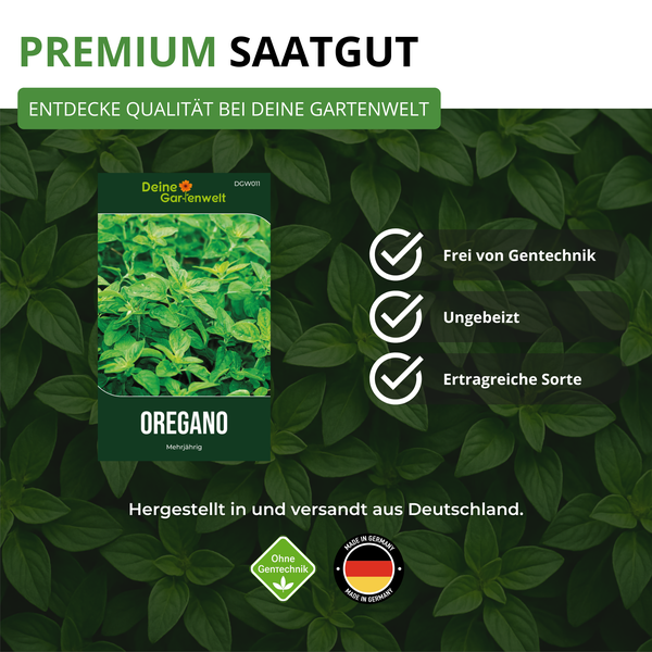 Oregano-Saatgut von Deine Gartenwelt, frei von Gentechnik, ungebeizt, ertragreiche Sorte, hergestellt in Deutschland.