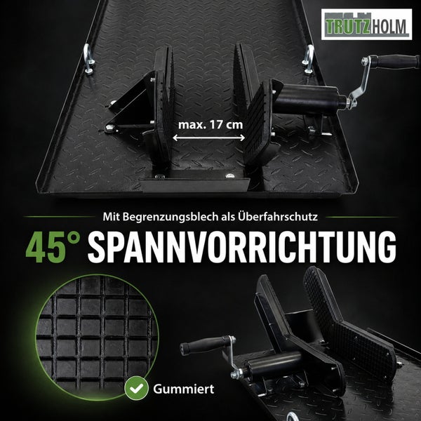 Trutzholm 45 Grad Spannvorrichtung mit gummierten Klemmbacken, maximal 17 Zentimeter Spannweite und Begrenzungsblech als Überfahrschutz.