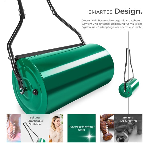 Stabile Garten Rasenwalze aus pulverbeschichtetem Stahl mit höhenverstellbarem Griff für eine ergonomische Anwendung im Garten.