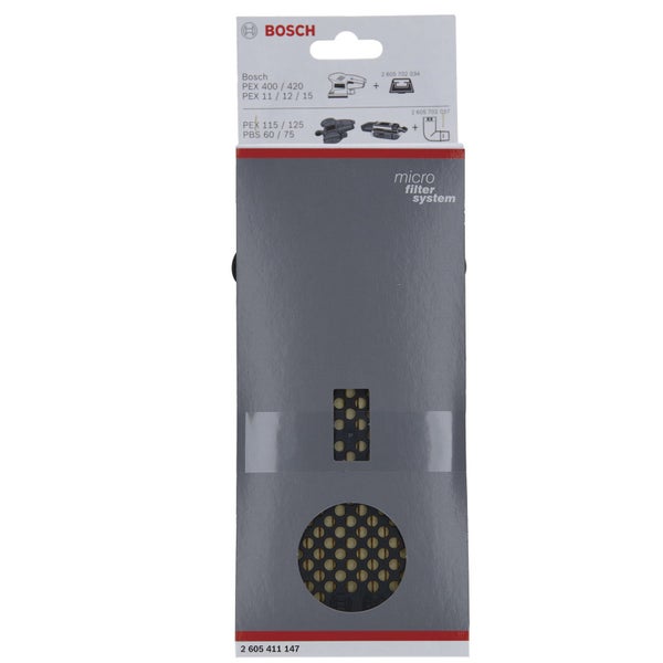 Bosch Logo. Bosch Micro-Filter-System Ersatzfilter für Exzenterschleifer und Bandschleifer in Originalverpackung.