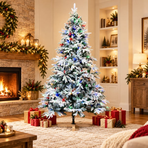 Festlich geschmückter, künstlicher Weihnachtsbaum mit Schneeoptik, Beleuchtung und Geschenken in einem weihnachtlich eingerichteten Wohnzimmer.