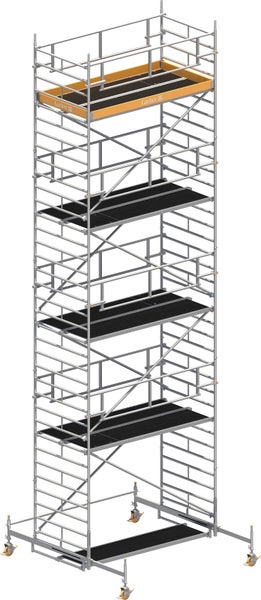 Rollgerüst mit mehreren Plattformen und Layher Logo