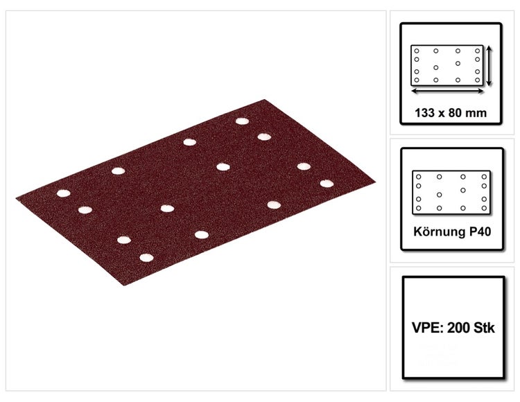 Festool STF 80x133 RU2/50 Schleifstreifen Rubin 2 P40 80 x 133 mm 200 Stk. ( 4x 499046 ) für Rutscher RTS 400, RTSC 400, RS 400, RS 4, LS 130