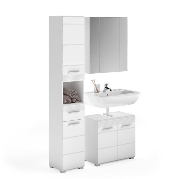 Modernes Badezimmermöbel-Set bestehend aus Hochschrank, Spiegelschrank, Waschbecken und Unterschrank in organisiertem, hellem Design.