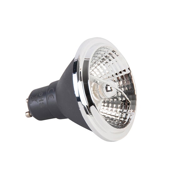 GU10 LED-Leuchtmittel mit Reflektor und silberfarbenem Rand.