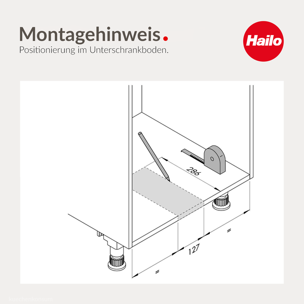 Hailo Logo. Montagehinweis zur Positionierung im Unterschrankboden mit Maßangaben 286 Millimeter und 127 Millimeter.