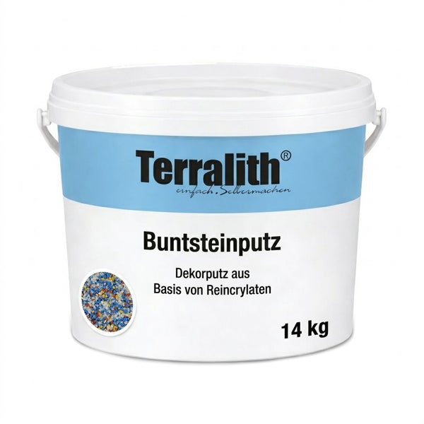 14 Kilogramm Eimer Terralith Buntsteinputz Dekorputz auf Reinacrylatbasis mit Terralith Logo und Detailansicht der farbigen Steinchen.