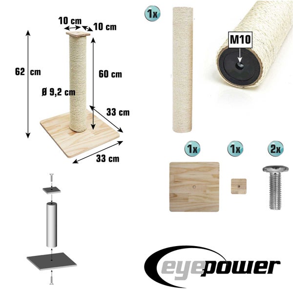 Eyepower Kratzstamm als Kratzbaum Ersatzteil mit Sisal aus Holz, Gesamthöhe 62 Zentimeter, Durchmesser 9,2 Zentimeter, inklusive M10 Gewinde.