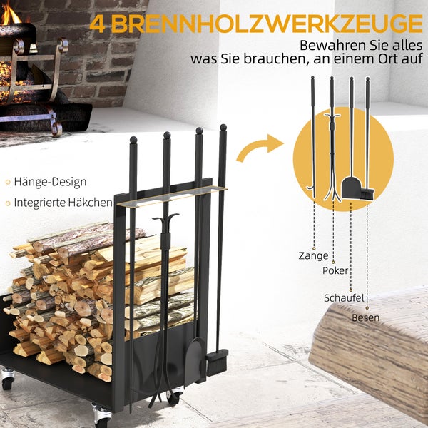 Outsunny Kaminholzregal, mit Rädern, Schaufel, Besen, Schürhaken, Zange, Seitenhaken, für Outdoor, Indoor, 48 x 30 x 76 cm, Metall, Schwarz
