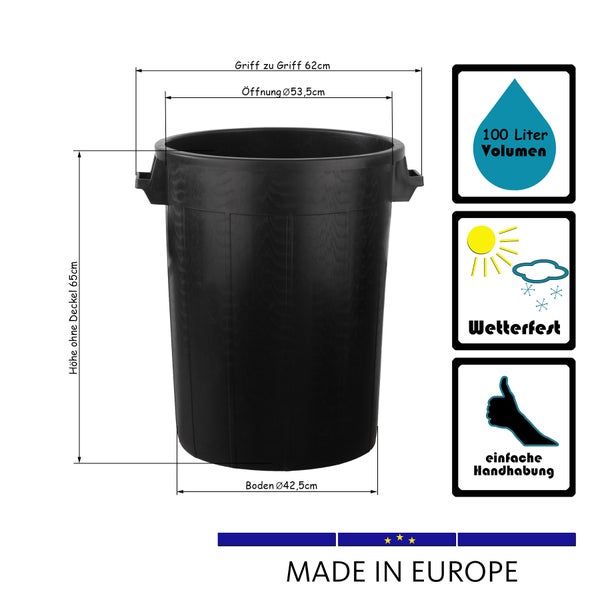 Universaltonne 100 Liter ohne Deckel Allzweck Tonne Schwarz mit 2 Tragegriffen