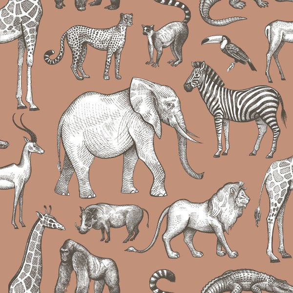 Nahtloses Tiermuster mit Giraffe, Gepard, Lemur, Krokodil, Tukan, Zebra, Antilope, Elefant, Warzenschwein, Löwe und Gorilla