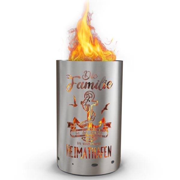 Feuersäule aus Stahl mit Flammen und maritimen Motiven