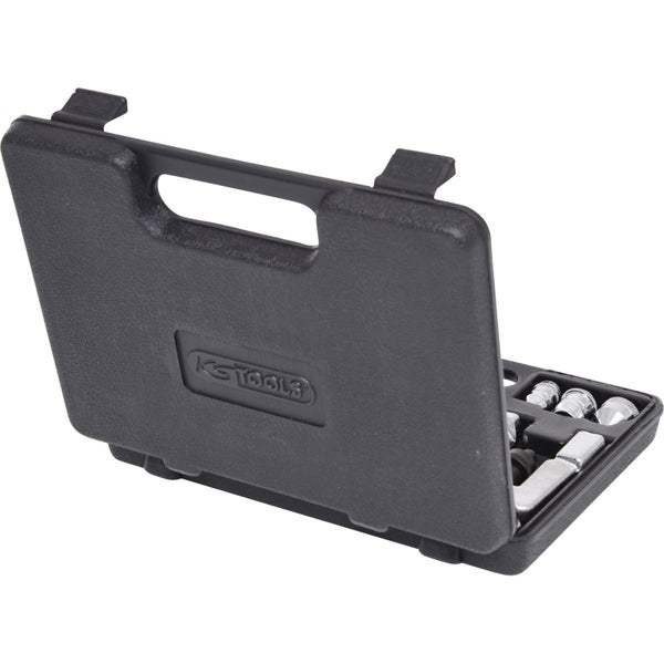 KS Tools Werkzeugkoffer aus schwarzem Kunststoff, geöffnet mit sichtbaren Werkzeugeinsätzen aus Metall.