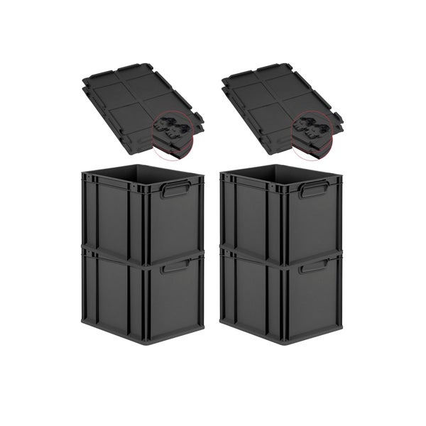 PROREGAL SuperSparSet 4x Eurobox NextGen Grip mit Scharnierdeckel und schwarzen Schiebeschnappverschlüssen, HxBxT 32x30x40cm, 30 Liter, Schwarz, Griffe geschlossen, Eurobehälter, Transportbox, Transportbehälter, Stapelbehälter