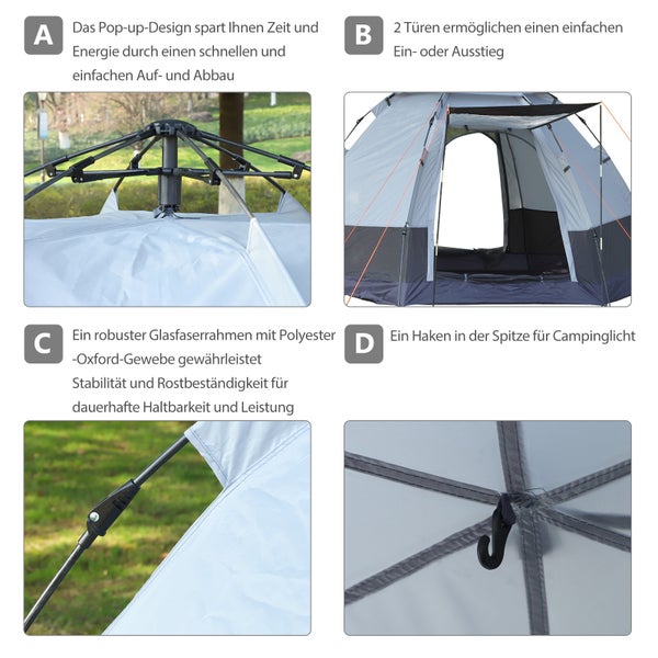 Outsunny Campingzelt, für 3-4 Personen, 260 x 260 x 195 cm, Stahl,Glasfaser, Grau+Schwarz