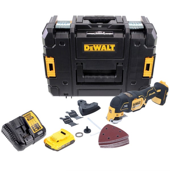 DeWalt Akku-Oszillations-Multitool mit 18 Volt Akku, Ladegerät, Zubehörset und TSTAK Werkzeugkoffer.