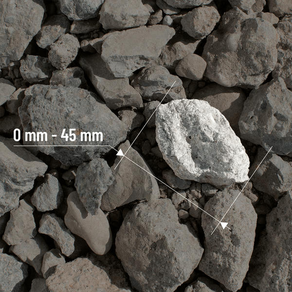 Nahaufnahme von Schotter mit einer Körnung von 0 Millimeter bis 45 Millimeter.